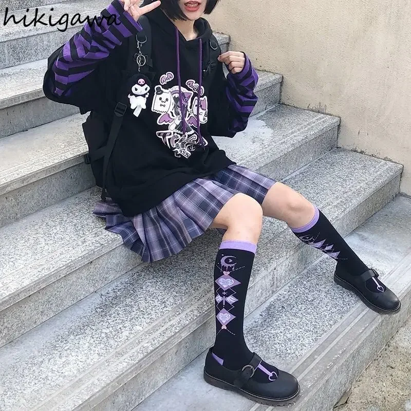 Hikigawa Hoodie Fake Two Piece Hooded Sweatshirt Striped Patchwork Hoodies Women Clothes for Teens Y2K Anime Harajuku Black Tops