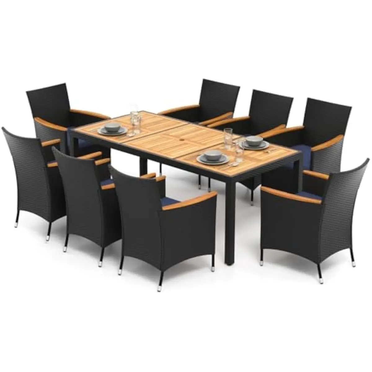 9-piece outdoor dining ensemble for 6 guests featuring rectangular acacia wood tabletop with 2-inch umbrella aperture plus eight