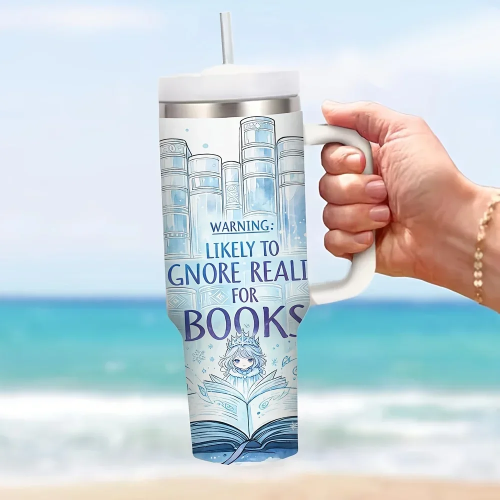 40Oz Insulated Tumbler with Handle, Book-Themed Print Cup, Suitable for Book Lovers, Maintains Temperature for Hot And for cold Drinks, Ideal for Daily Life And Outdoor Activities