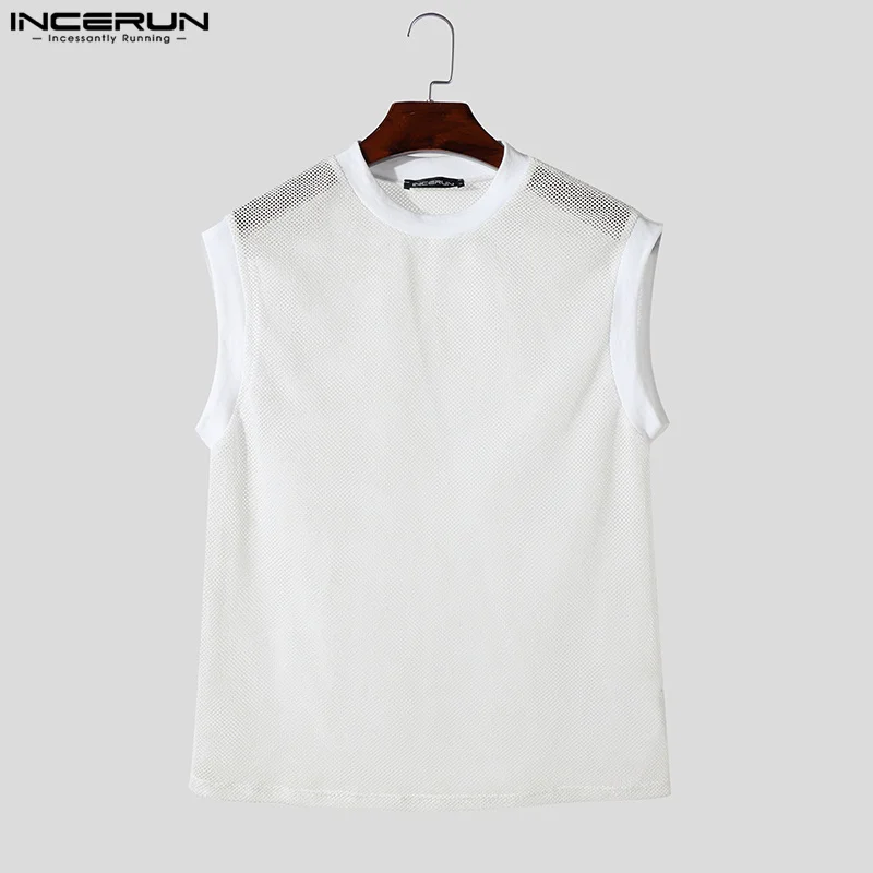 INCERUN Men\'s Tank Tops Mesh Transparent Summer O-neck Sleeveless Male Vests Streetwear 2024 Sexy Fashion Casual Men Clothing