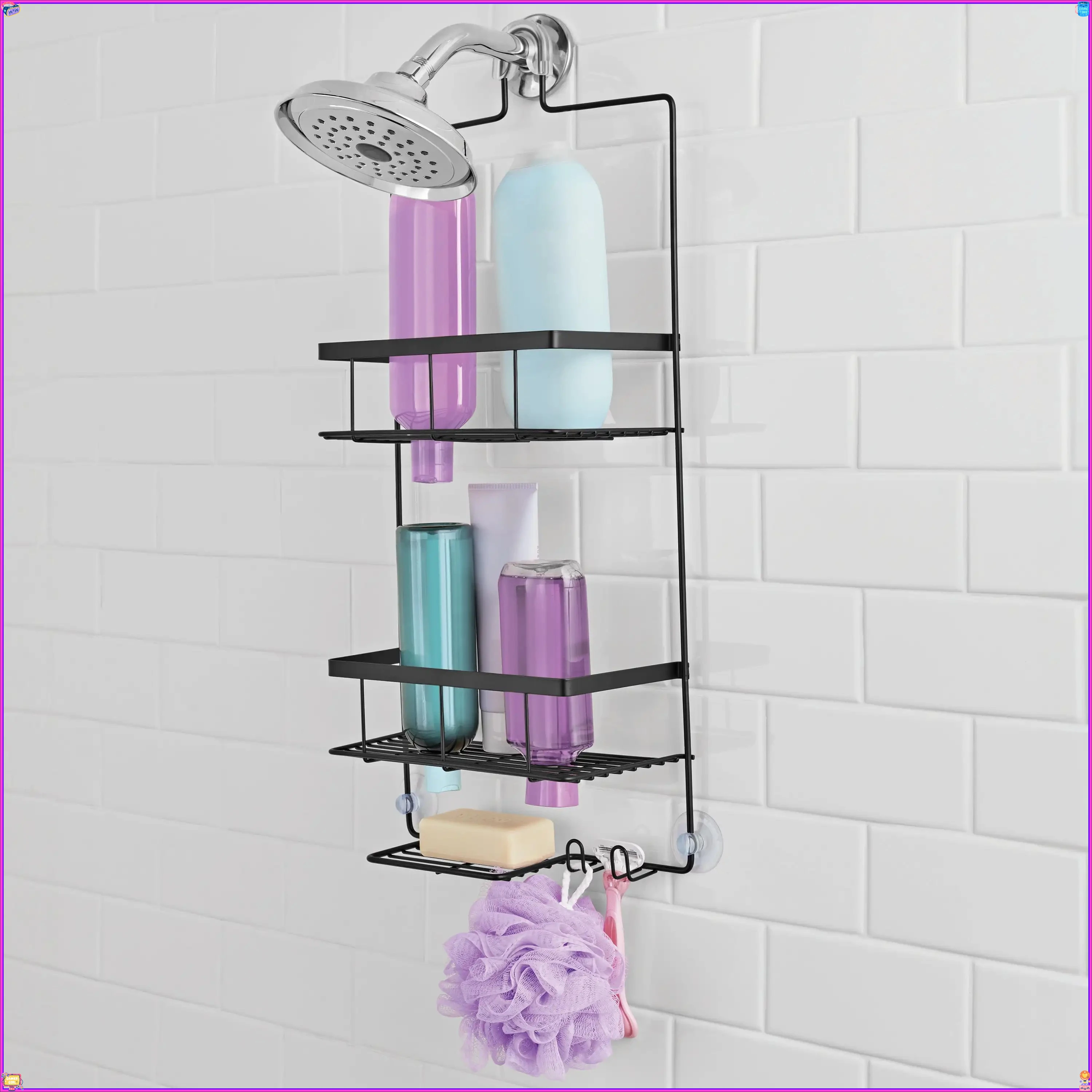 

Premium Hanging Shower Caddy with 2 Shelves and Soap Tray, Matte Black, Universal Fit, Extra Tall Shelves