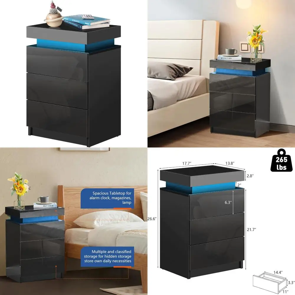 

LED-Illuminated Smart Nightstand with Flip Top Storage, 3 Drawer Modern Bedside Table for Sleek Interiors