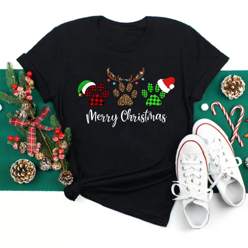 Dog Paws Print T-Shirt 2024 New Merry Chriatmas Woman ClothingWomen Short Sleeve Kawaii Cute T-Shirts Female Christmas Tee