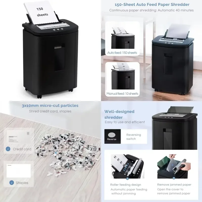  Auto Feed Paper Shredder 150 Sheet Micro Cut P5 Document Credit Card Quiet Commercial Heavy Duty Shredder With 25L