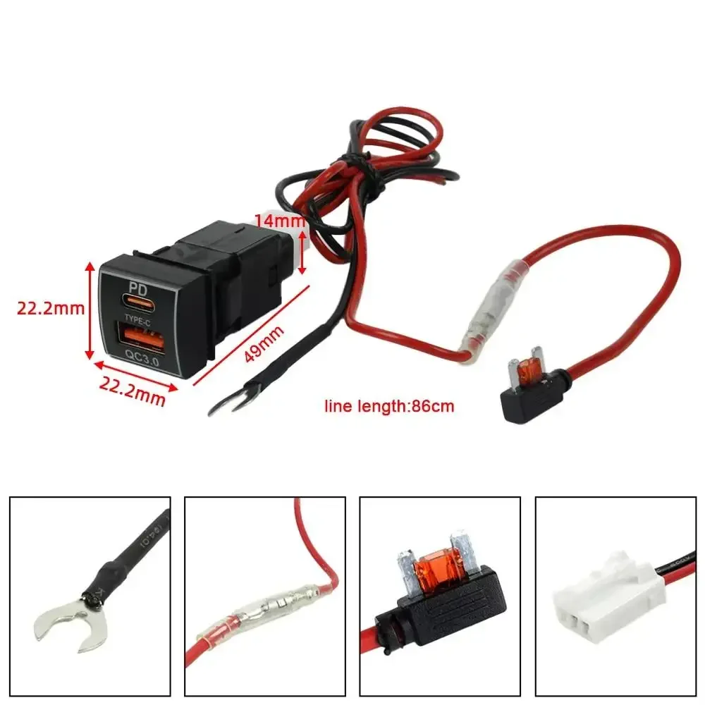 Kebidumei 12V/24V Auto-Ladegerät PD QC3.0 Ladebuchse Stromadapter USB-Anschluss mit Kabel LED-Licht für Toyota Auto-Zubehör – Detail 7