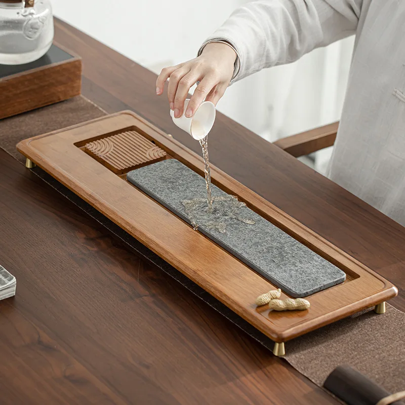 Black gold stone tea tray, simple household large and small drainage and water storage dual-use dry bubble tray tea set