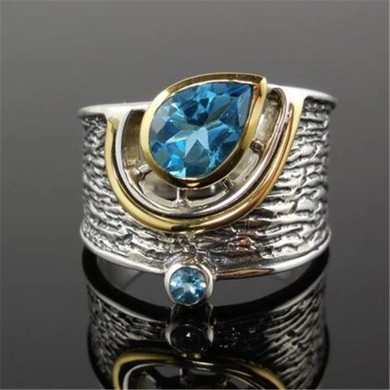 

European and American fashion new ethnic style blue zircon inlaid retro neutral ring
