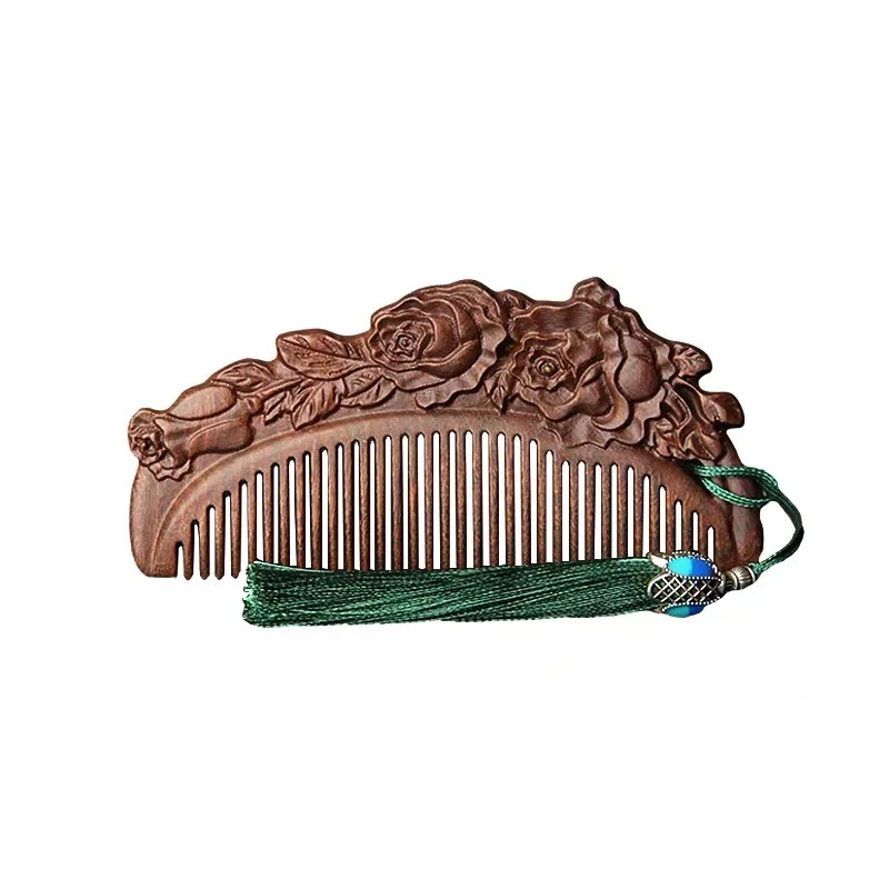 Black Gold Sandalwood Wooden Comb Double Side Engraved Anti-Static Detangling Hair Massage Comb Portable For Women
