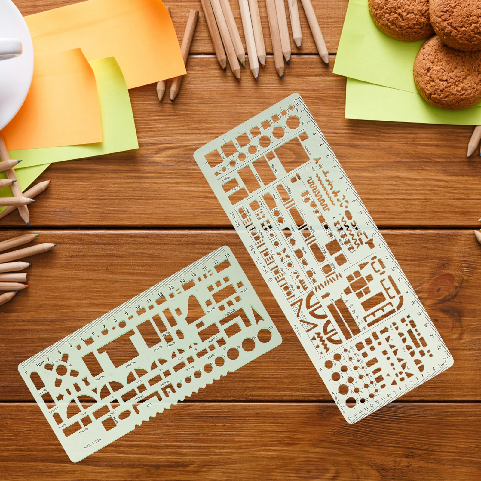 

1 set 6 Drawing Templates Metric Rulers Transparent Green Plastic Geometry School Office Design Fraction Measurement