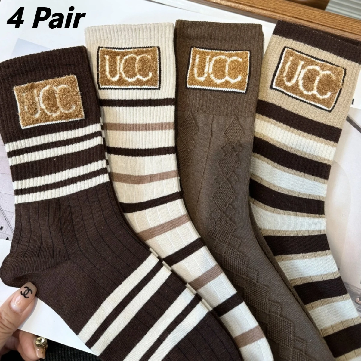 

[4 Pairs] Y2K Mid-Calf Socks for Women – Knit Logo, Thick Cotton, Earth Tone Color, Luxury Fashion, High-Quality Crew Socks