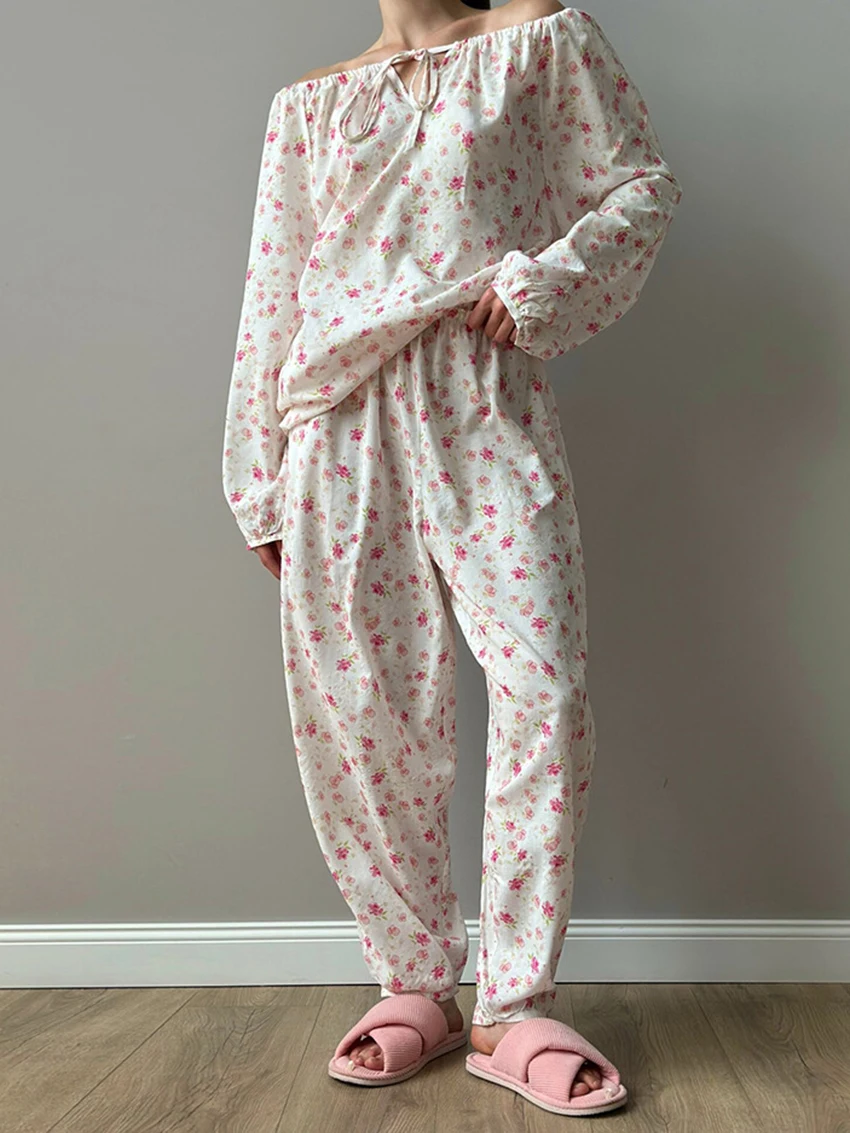 Marthaqiqi Printing Women'S Sleepwear Set Slash Neck Pajamas Long Sleeve Nightie Lace Up Nightwear Pants Casual Nightgowns Suit