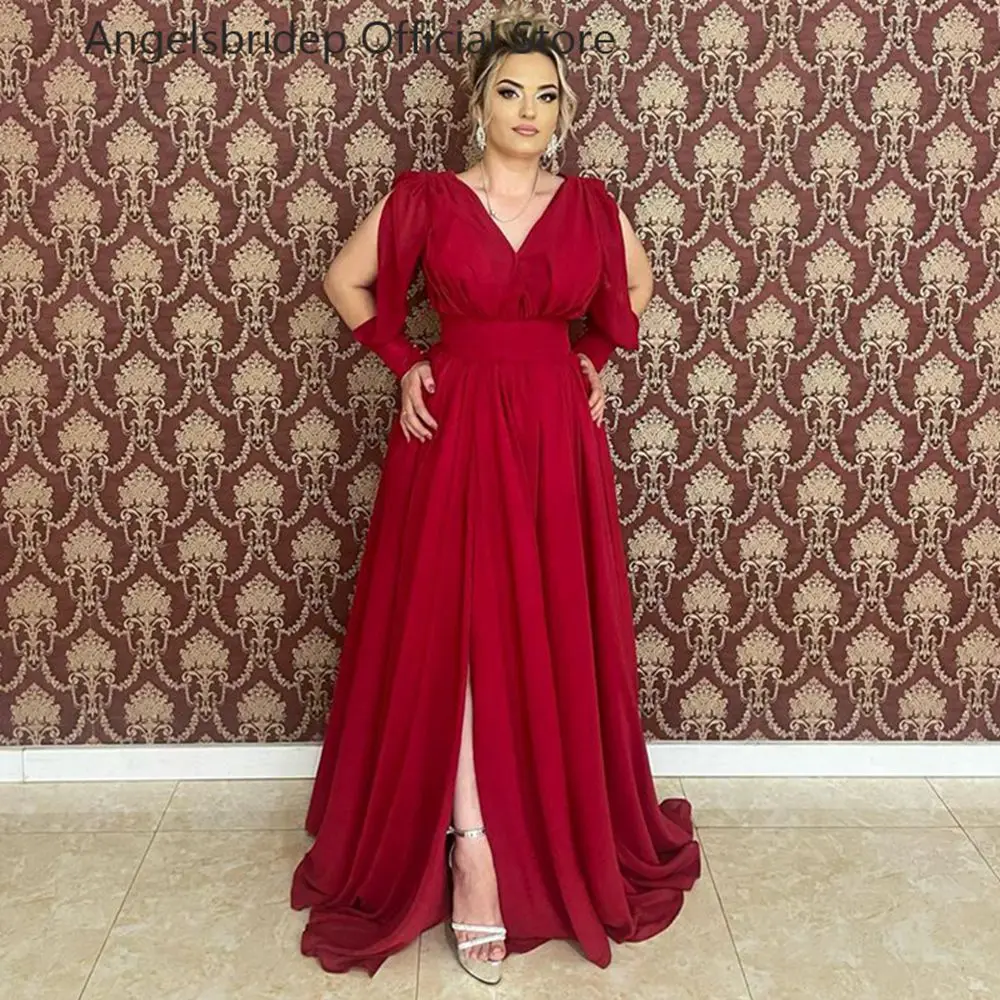 

Angelsbridep Burgundy Tulle Prom Dress V-neck Short Sleeves Cocktail Dresses Robe De Soirée Sexy Leg Slit Vestido De Graduación