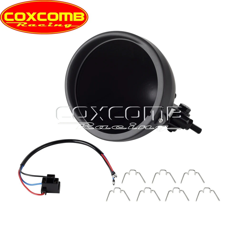 Universal Motorcycle 5.75" Round Headlight Housing Bucket With Visor Bezel& Wire Harnesst Headlamp Light Shell Mount Bracket view 2