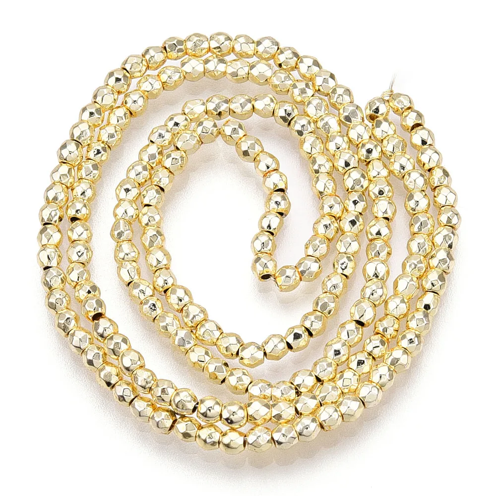 PandaHall 10 Strand Electroplate Non-magnetic Synthetic Hematite Bead Strands Round Faceted, Golden Plated 2 4 6 8mm Hole: 1mm
