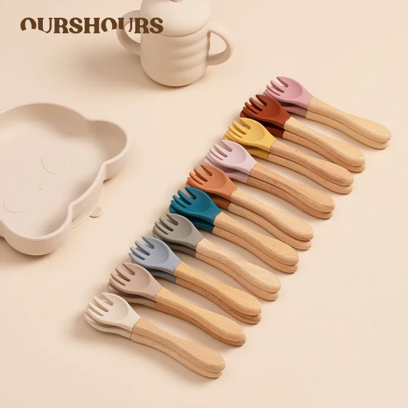 Baby Wooden Handle Silicone Fork Spoon Set Kids Organic Soft Tip Spoon BPA Free Food Grade Infant Feeding Tableware Baby Stuff