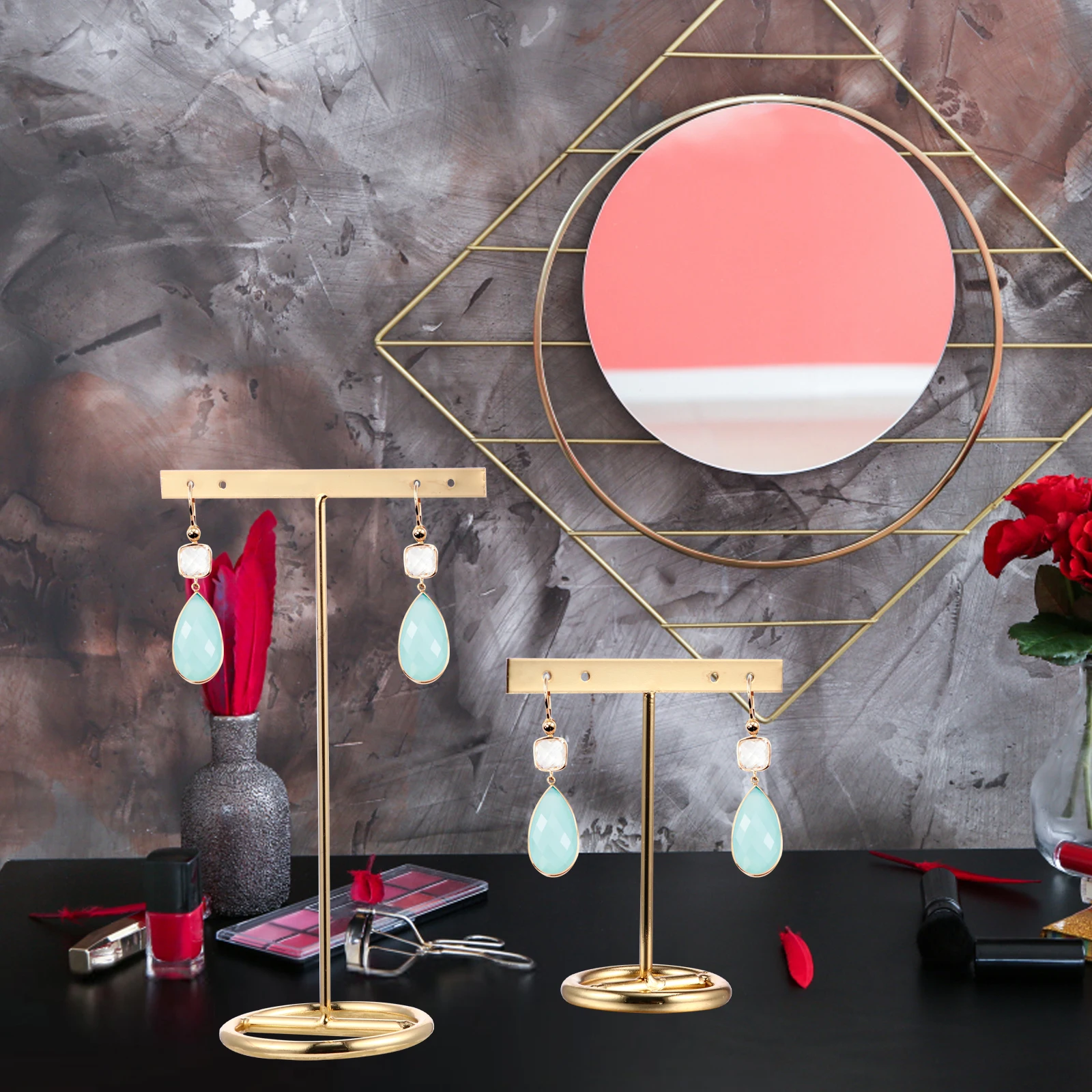 2 pezzi Orecchini Scaffali in ferro durevoli Gioielli dorati Foto T-Bar Espositori Puntelli Scaffali di stoccaggio durevoli Supporti di stoccaggio