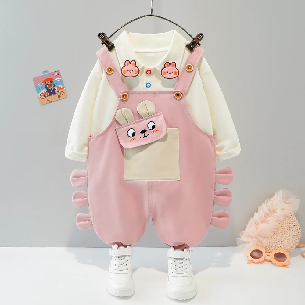 2024 Spring Autumn Baby Boy Clothes 1 to 5 Years Cartoon Animal Turn-down Collar Long Sleeve T-shirts and Overalls Girls Outfits