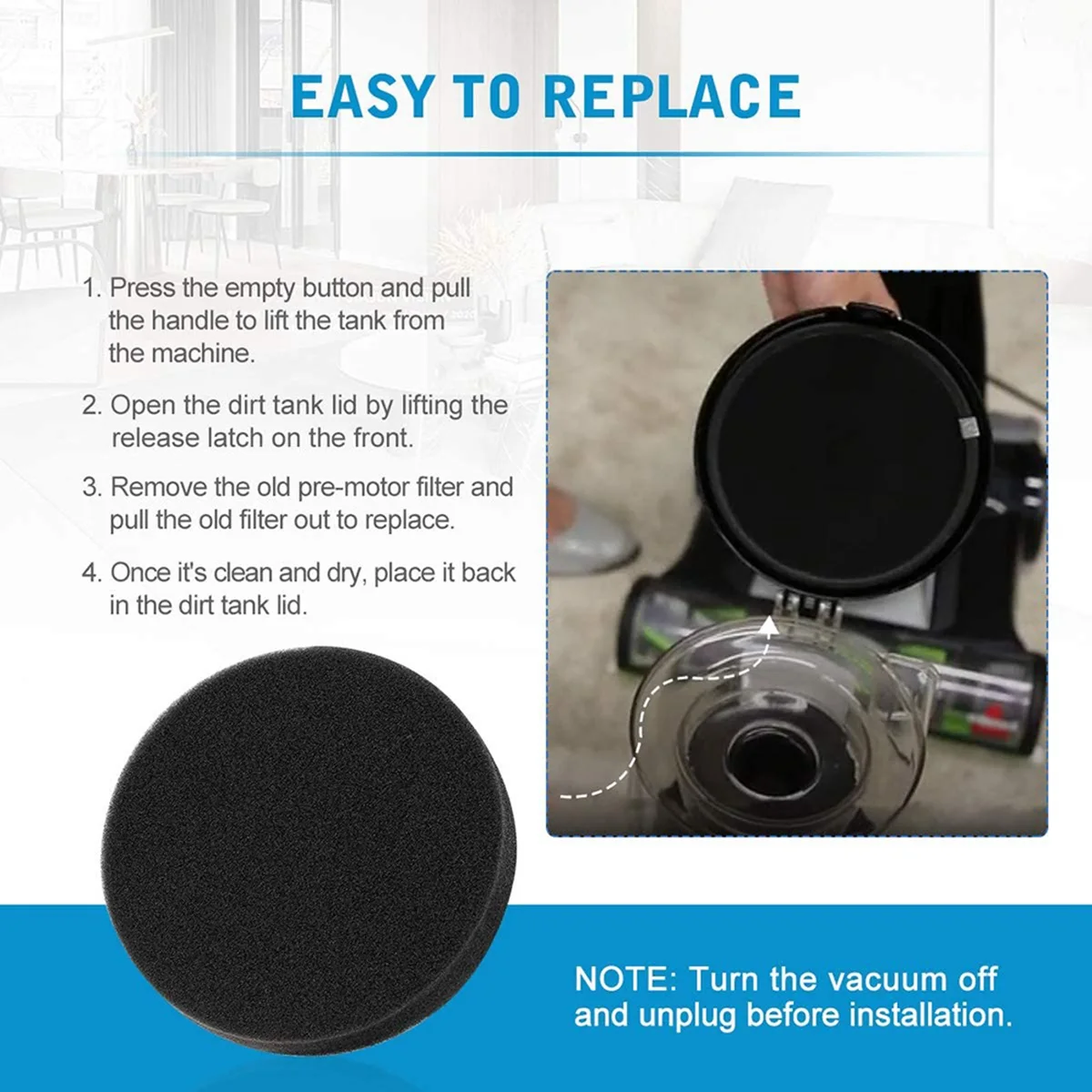 A09G-4 peças filtro pré-motor para bissell powerforce helix vácuo vertical sem saco, substituição de filtros de esponja laváveis 1608225