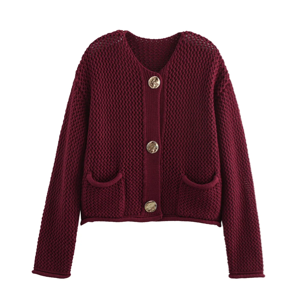 PB&ZA2024 Autumn New Women\'s Fashion Versatile Solid Color Buckle Coarse Needle Long Sleeve Knitted Coat