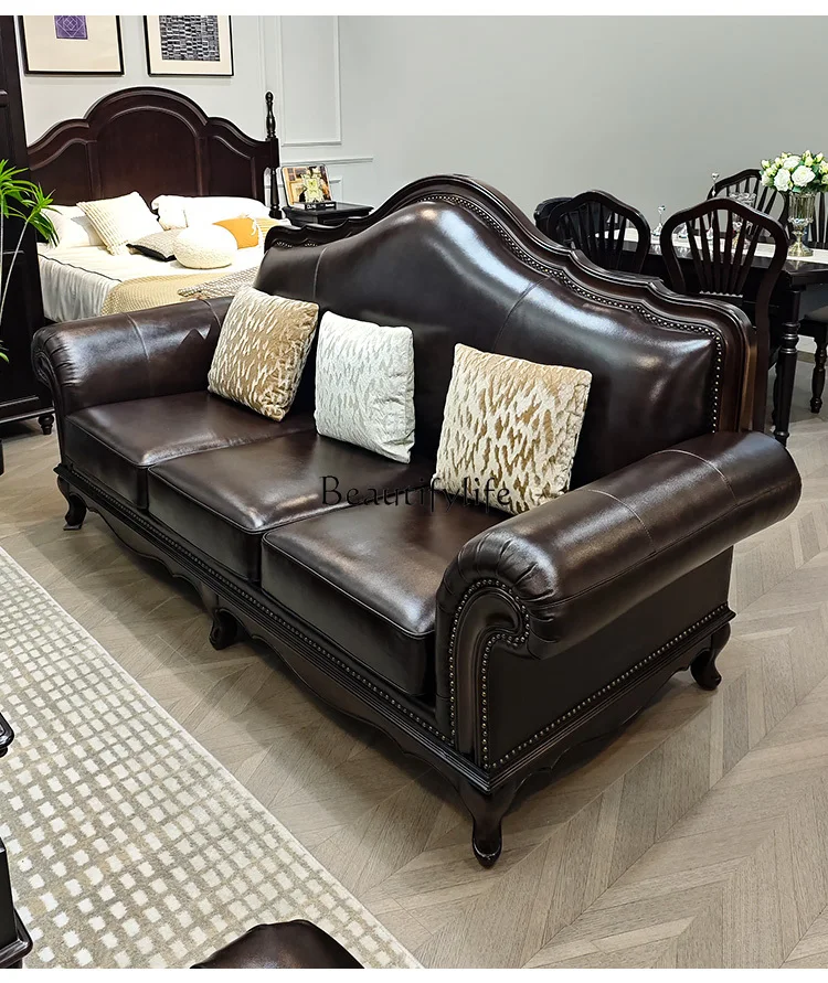01American all-solid wood leather sofa small apartment living room first layer cowhide three people