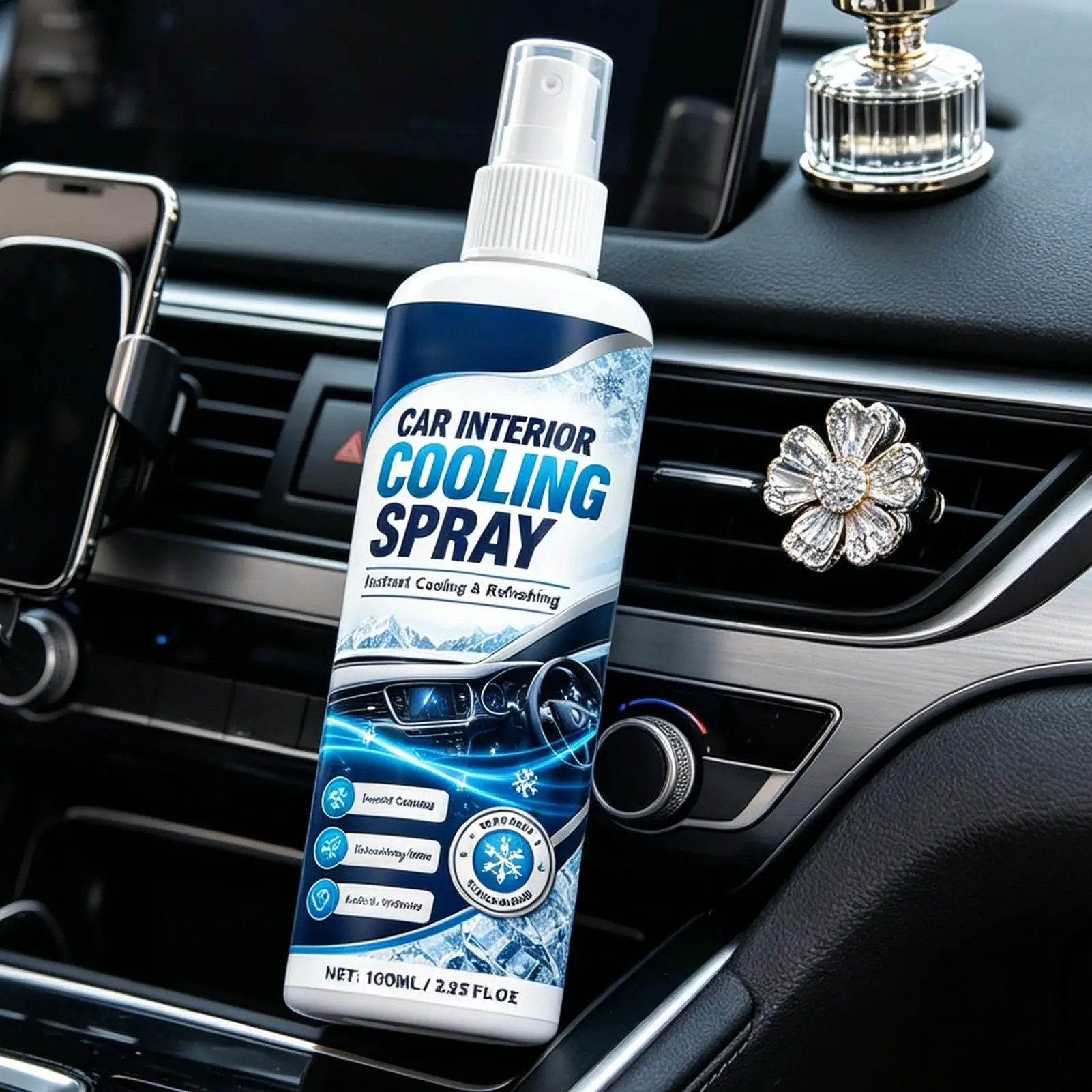 100ml Car Interior Cooling Spray Fast-Acting Freeze Spray Cools Leather Seats Dashboard Steering Wheel, Odor Eliminator