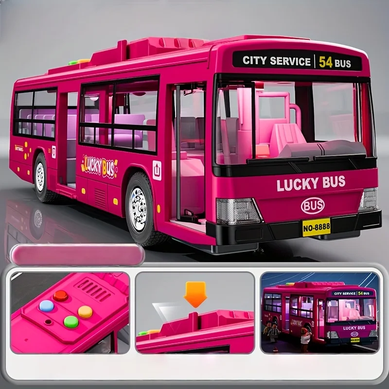 Brinquedo de ônibus de som e luz de liga, porta dupla, modelo de transporte da rota 54 |   Música + Luzes + Som Simulado do Motor |   Drop-resis