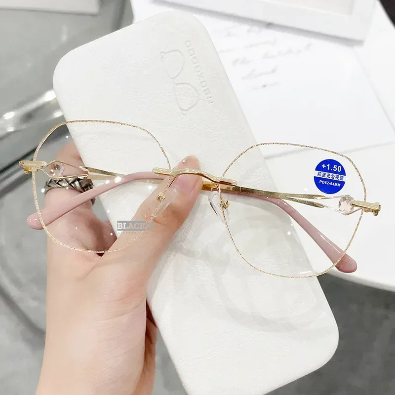 Metal Trimmed Frameless Reading Glasses Women\'s Anti Blue Light Exquisite and Elegant Presbyopia Glasses +1.0 To + 4.0 Oculos