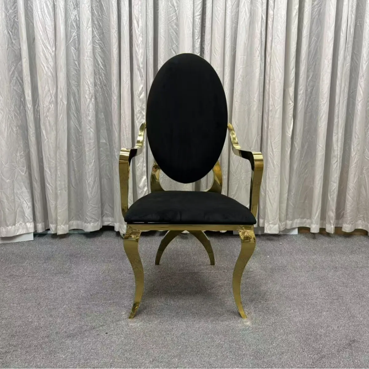 Living room stainless steel gold-plated chair, wedding banquet hotel dining table and chairs, black flannel upholstered
