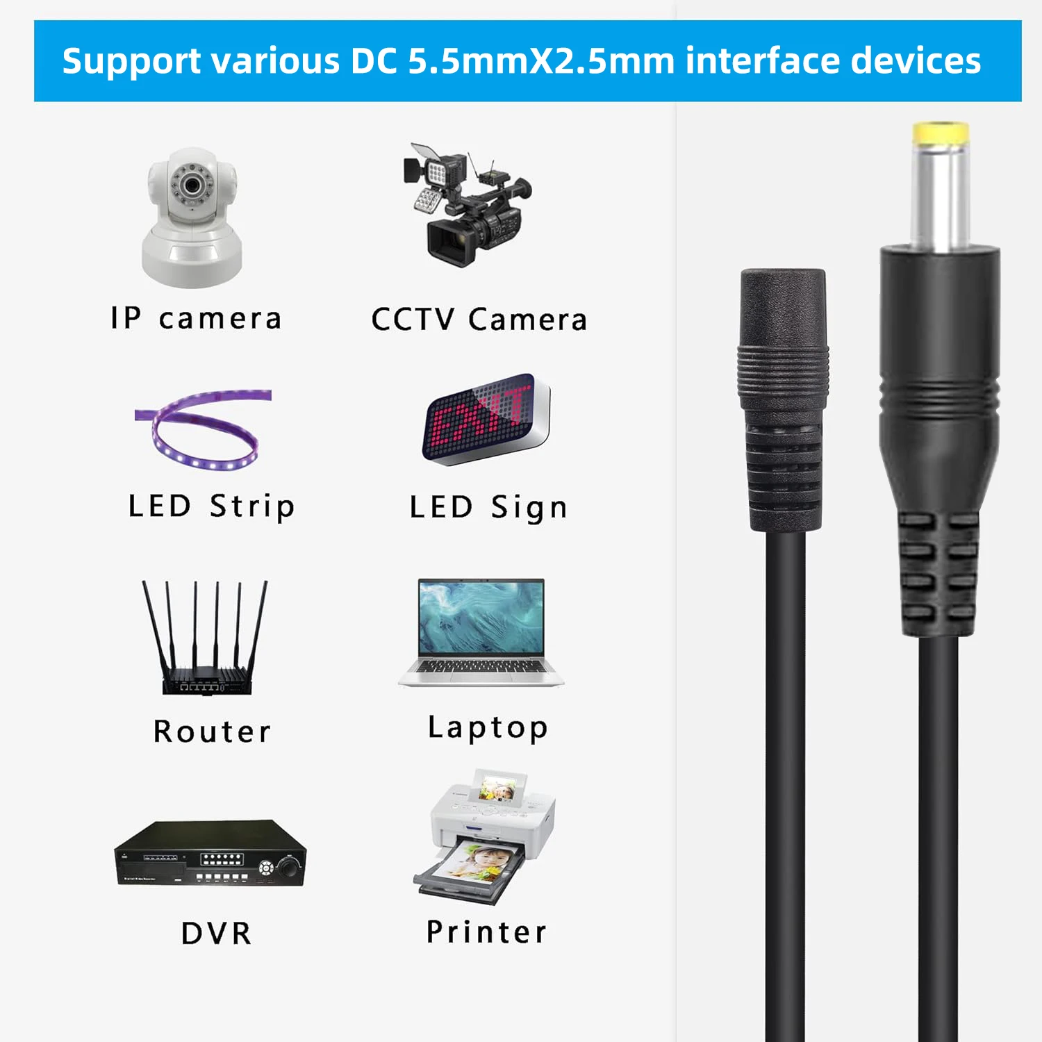 تيار مستمر موصل الطاقة كابل توصيل 5.5x2.5 مللي متر ذكر إلى شاحن أنثي 18AWG تمديد وصلة كابل ل كاميرا تلفزيونات الدوائر المغلقة LED قطاع ضوء