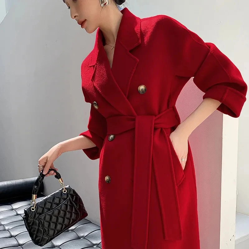 

High end Lined Thicken Double-sided velvet Coat Women's Fashion Temperament Mid to long Thick Double breasted Long Woolen Coats
