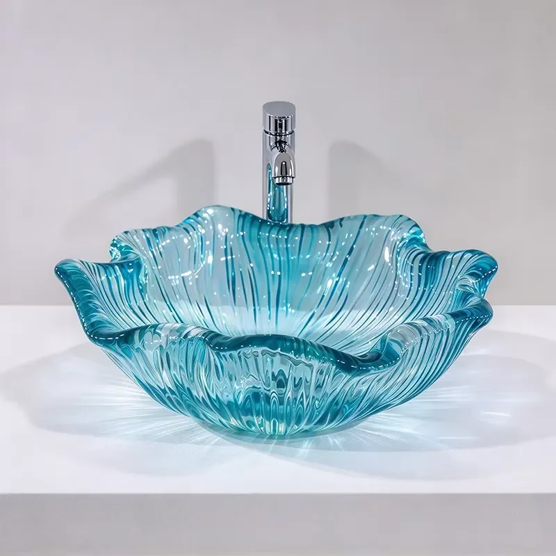 Sky Blue Transparent Resin Flower Shaped Sink Bathroom Wash Basin Countertop Texture Utensil Holder Wholesale Supply