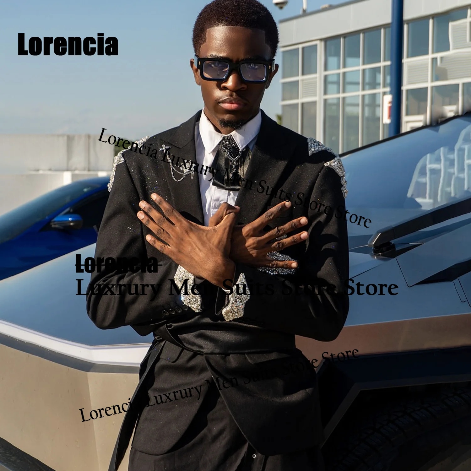 

Handsome Crystal Men Suits 2 Pieces Sets Male Party Blazer Customized Exquisite Groom Wedding Tuxedos Slim Sequin Costume Homme
