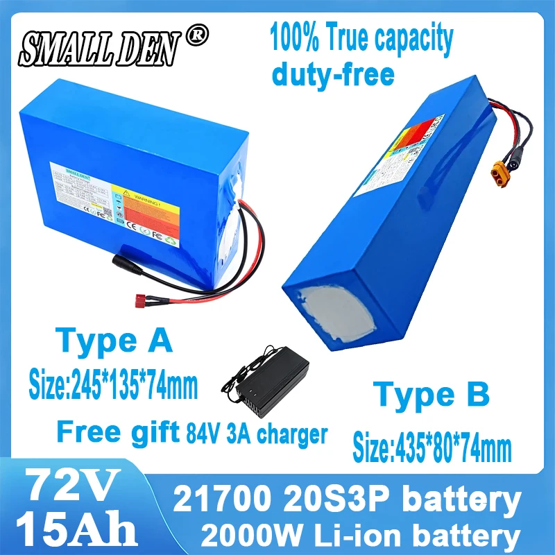 72V 15Ah 21700 20S3P Lithium Battery Pack 2000W High Power built-in BMS For  E-Two wheeler/Tricycle/Backup Power +84V 3A Charger