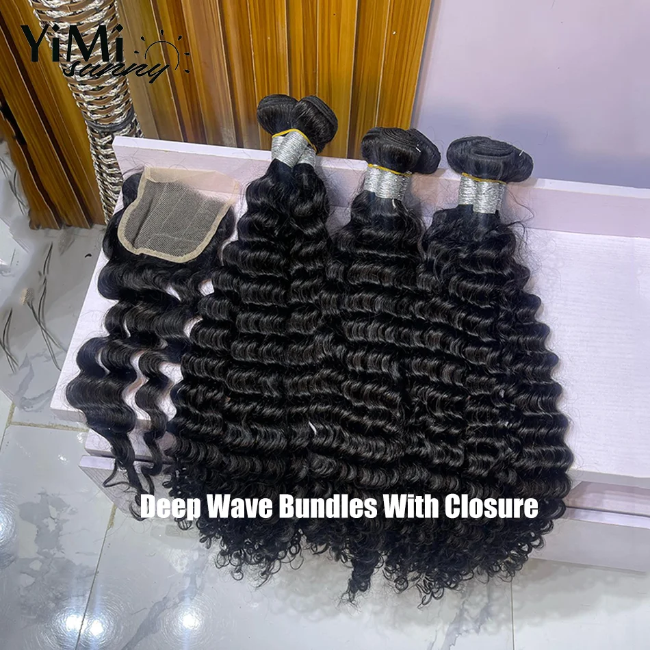 

Deep Wave Human Hair Bundles With 4x4 HD Lace Closure Burmese Weaving Remy Loose Deep Wave Hair Weft Make Full Head Yimisunny