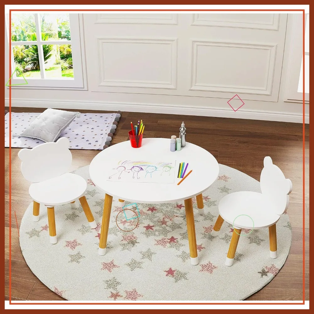 Kids Wood Table and Chair Set, 3-Piece Round Play Table for Toddlers, White Modern Design