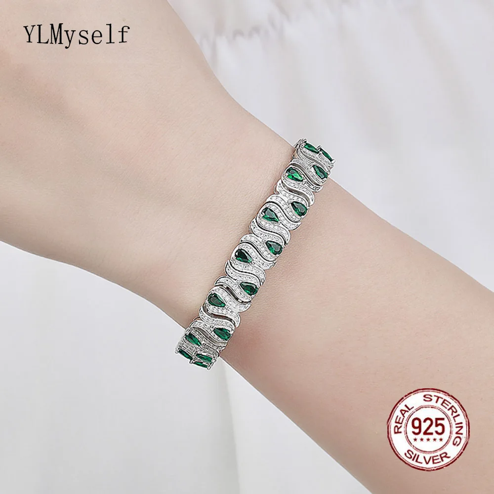 

10mm Wide Big Solid Real 925 Silver Bracelet Pave Shiny 3*5 mm Emerald/Ruby/Black Zircon Luxury Fine Jewelry For Party