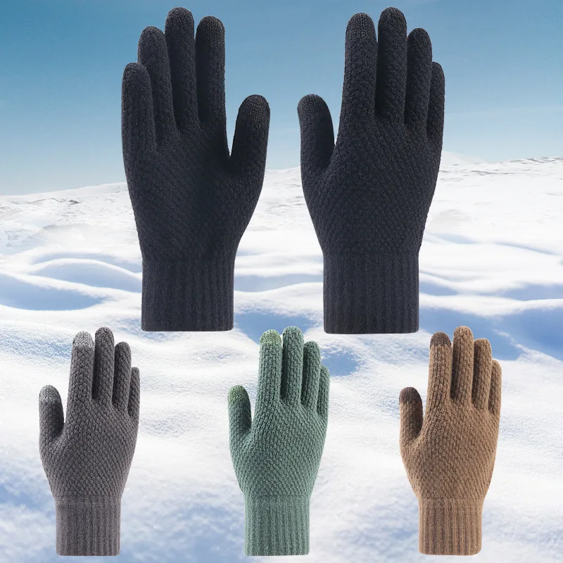 Wool knitted touch screen gloves men's winter plus velvet thick outdoor cold-proof warm gloves