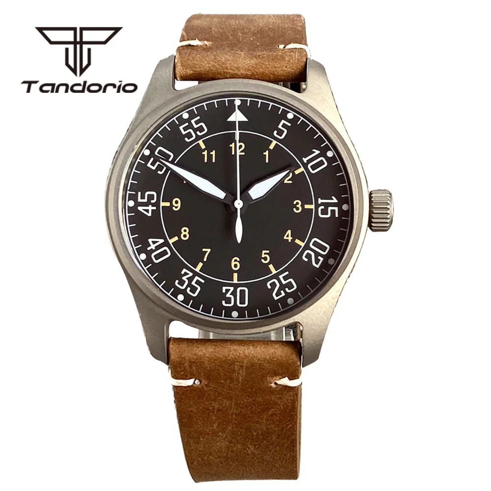 Tandorio 39mm Titanium Material Case 200m Dive Pilot Automatic Watches for Men Sapphire Glass Screw Crown Leather Green Luminous