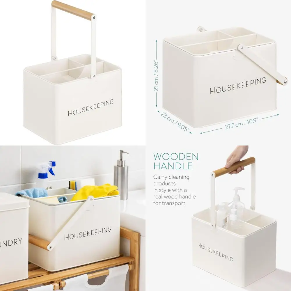

Vintage-Style Metal Housekeeping Organizer with Handle for Cleaning Supplies in Kitchen and Bathroom