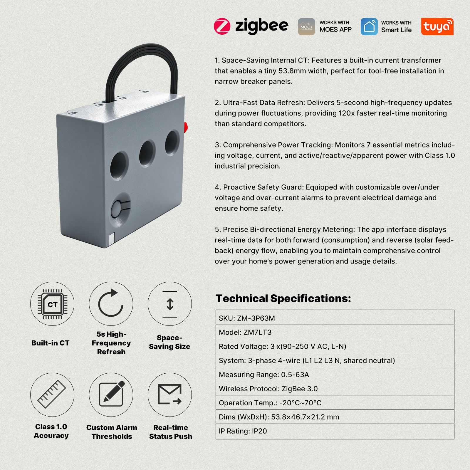 MOES Tuya Zigbee 1-Phase Smart Power Metering Module Electricity Consumption Monitor 63A Measure Built-in Current Transformer