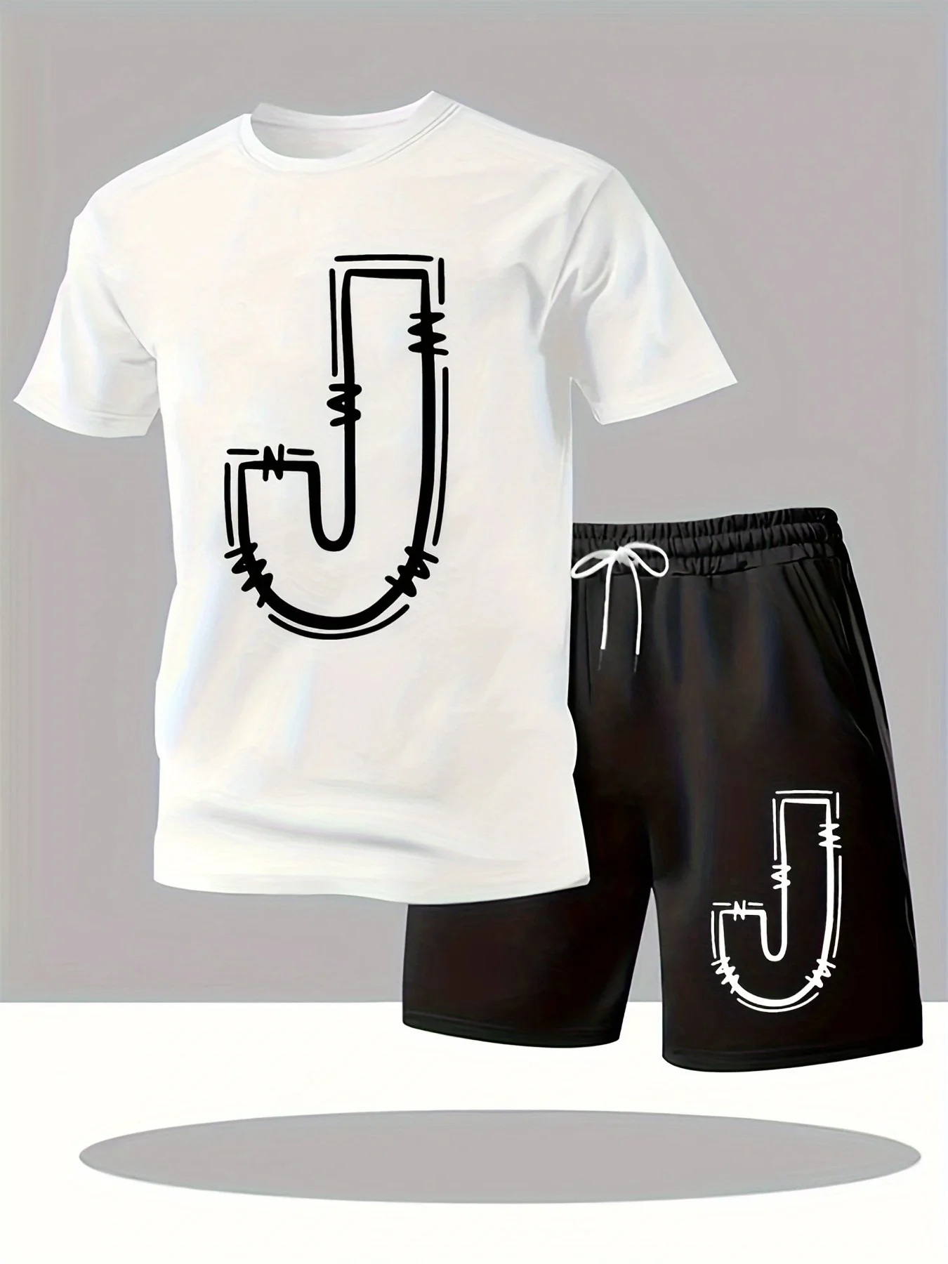 

Новая мужская летняя футболка с круглым вырезом и шорты на шнурке, комплект J-принтов в спортивном стиле, мужская модная уличная одежда, комплект из двух предметов
