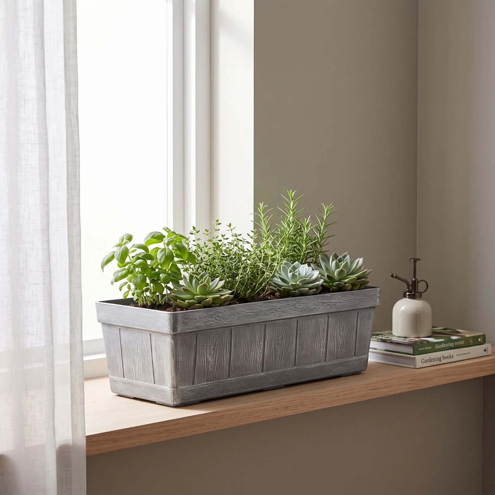 Planter with Faux Wood Grain Narrow Rectangular Planter Flower Box Farmhouse Decorative for Gardeners, Windowsill, Balcony