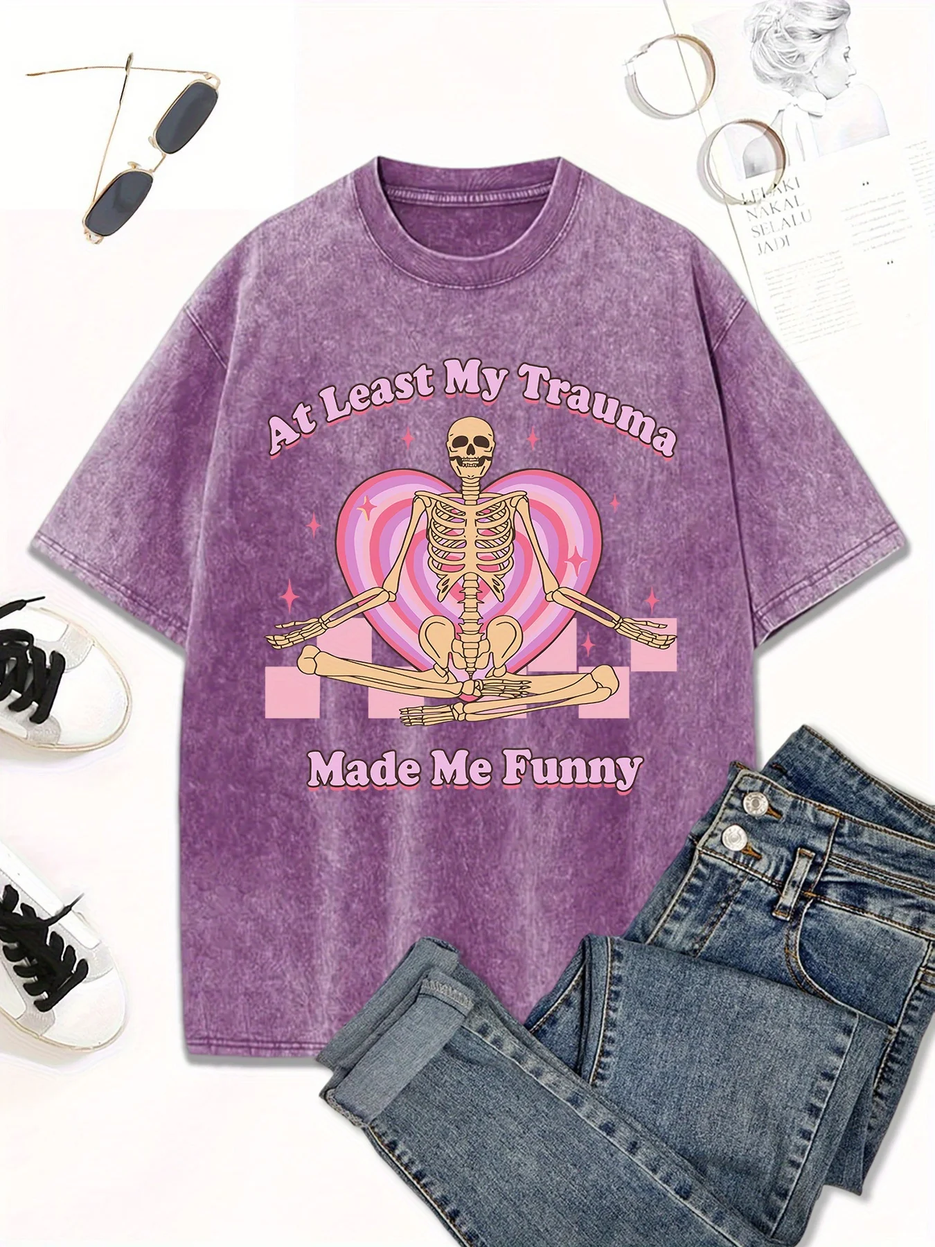 Halloween Washed Cotton Women's Skeleton Graphic T-Shirt Funny 