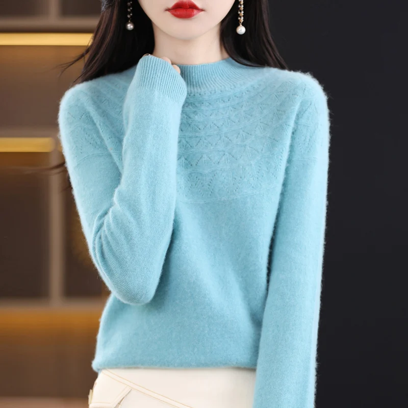 Women\'s Autumn And Winter First-line Half Height Knitted Sweater 100% Wool Sexy Hollow Out Versatile Top Fashion Pullover NJR