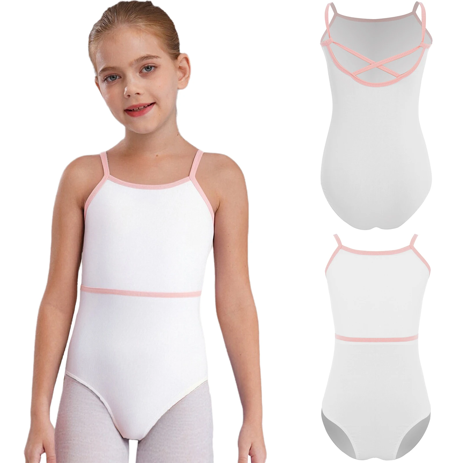 

Kids Girls Gymnastics Ballet Dance Leotard Cotton Cross Backless Spaghetti Straps Contrast Color Trim Bodysuit for Performance