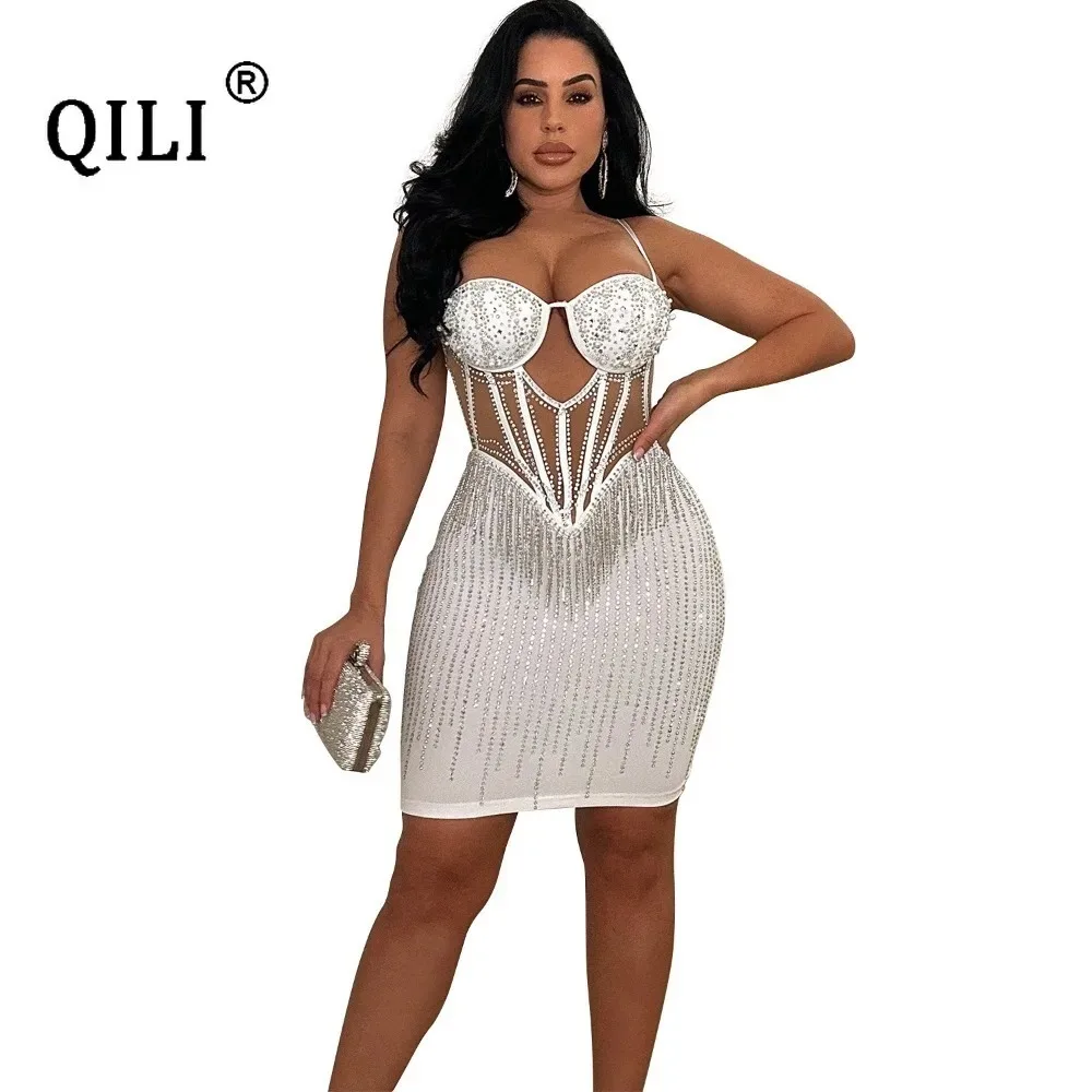 QILI Sexy Mesh Strass Kleid Weiß Midi Party Diamones Ärmelloses Strap Kurzes Kleid Vestidos