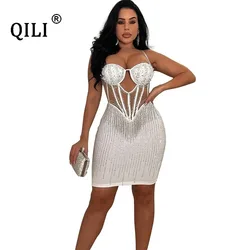 QILI Sexy Mesh Rhinestone Dress White Midi Party Diamones Sleeveless Strap Short Dress Vestidos