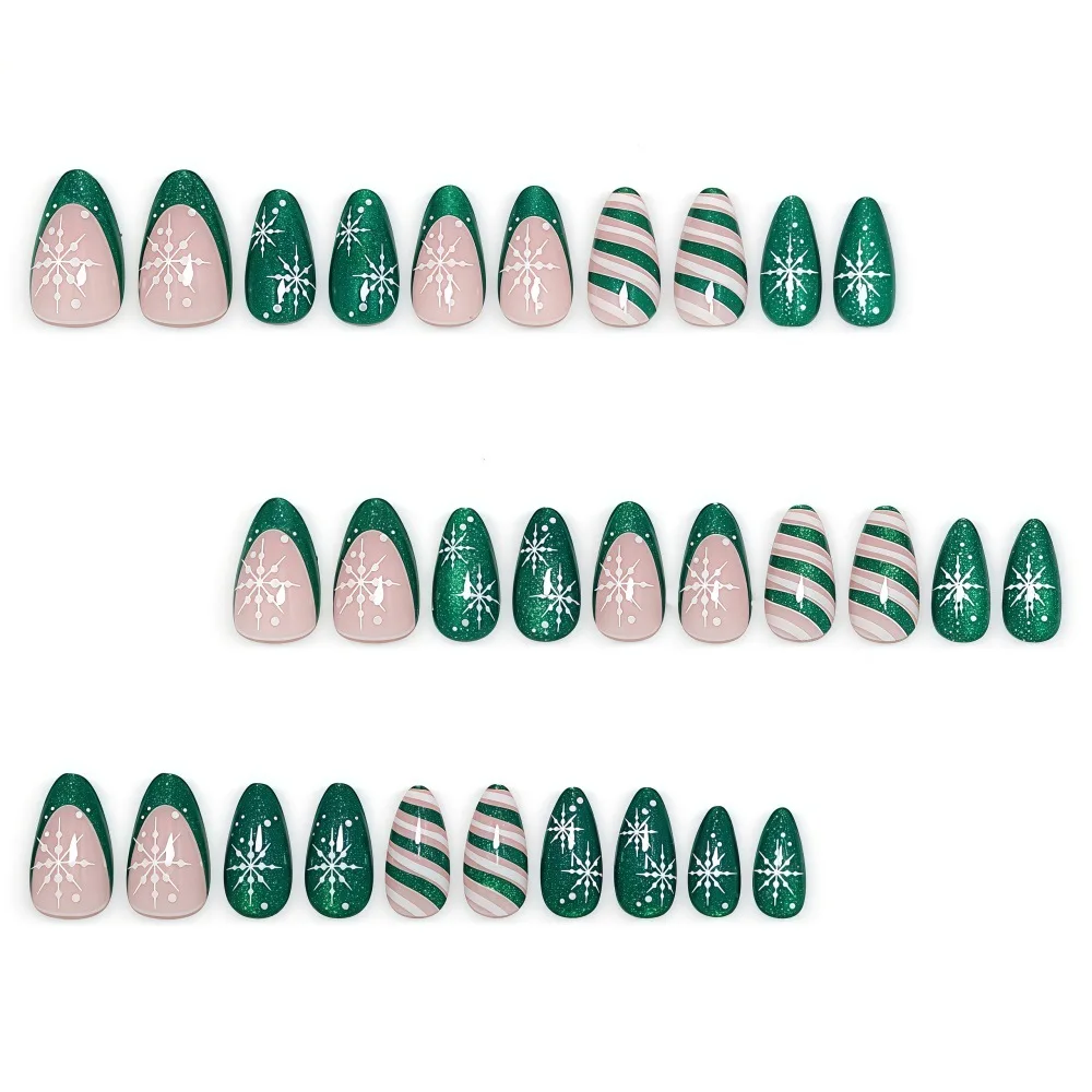 30pcs Green Glitter Cat Eye Press On Nails 3DChristmas White Snowflake Candy Cane Stripes Fake Nail Winter Holiday False Nail 3