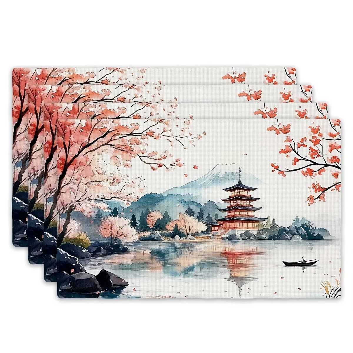 Japanese style placemat with Mount Fuji cherry blossoms pagoda lake scenery linen fabric heat resistant non slip table mat