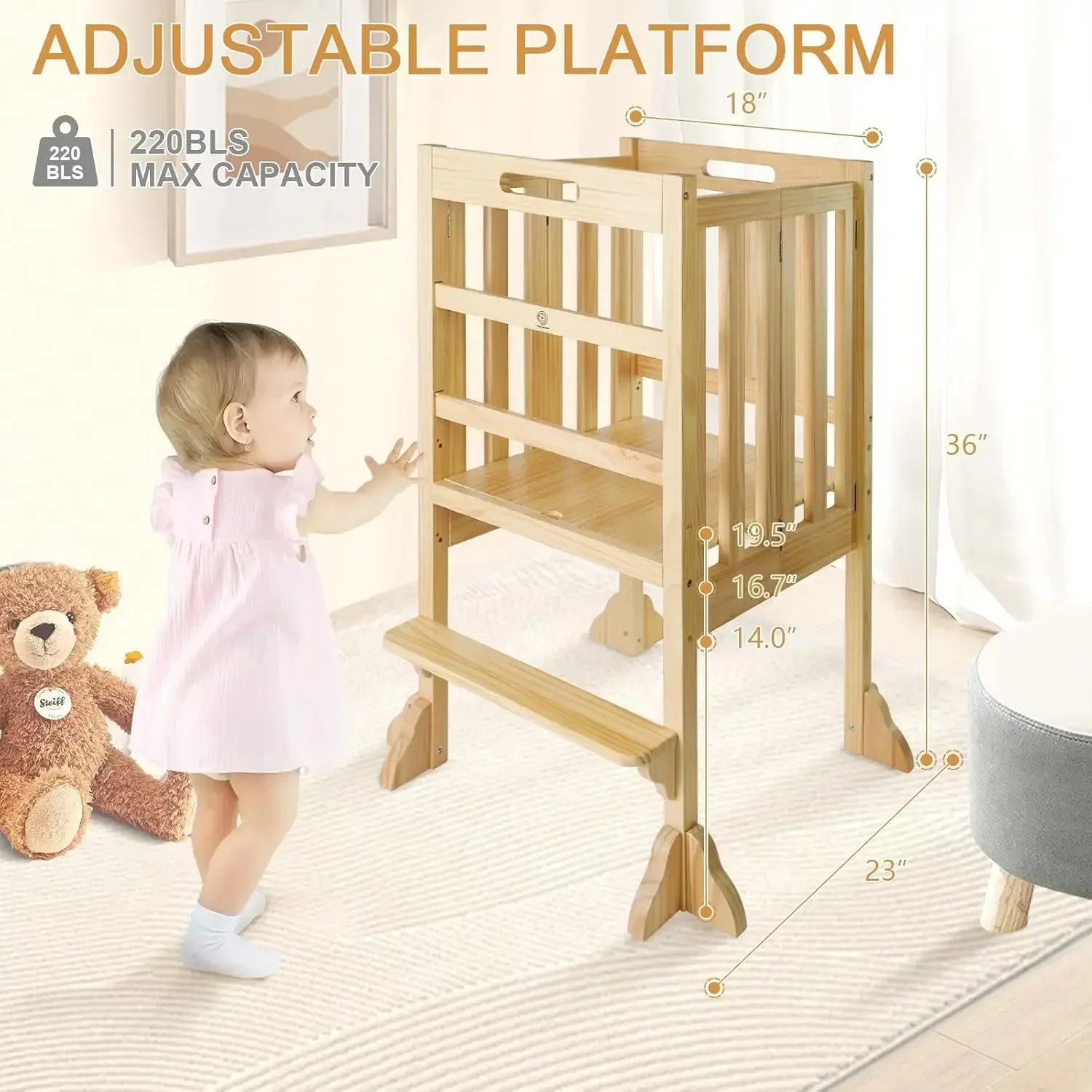 Ayudante de taburete de cocina, torre de pie plegable Montessori para niños pequeños con riel de seguridad, ayudante Ideal de altura ajustable para